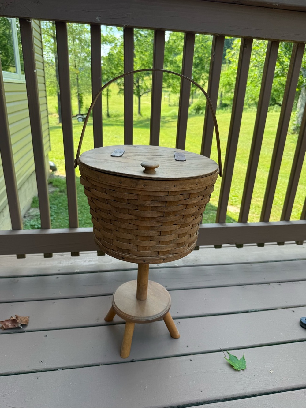 Vintage Longaberger Brown Woven Sewing Basket w/ Lid on Wood Stand Rustic